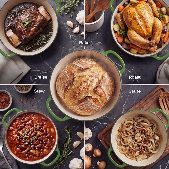 Zulay Kitchen 5 Quart Enameled Cast Iron Dutch Oven Pot with Lid – Premium Durability & Oven Safe up to 500°F – Heavy Duty Cookware Perfect for Bread Baking, Stews, Braising & Roasting – Green