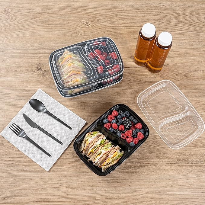 Asporto 32 Ounce Compartment Take Out Boxes, 50 Microwavable Meal Prep Containers - 2 Compartments, With Clear Plastic Lids, Black Plastic Food Containers, Do Not Contain BPA - Restaurantware