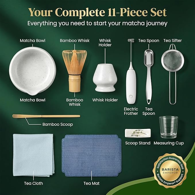 BARISTA EMPEROR® MATCHA WHISK SET PREMIUM 11pcs - Professional Matcha Kit Set with Matcha Bowl, Matcha Whisk, Milk Frother, Spoon, Sifter, Scoop, Stand, Cup, Tea Mat, Cloth - Matcha Bowl Set