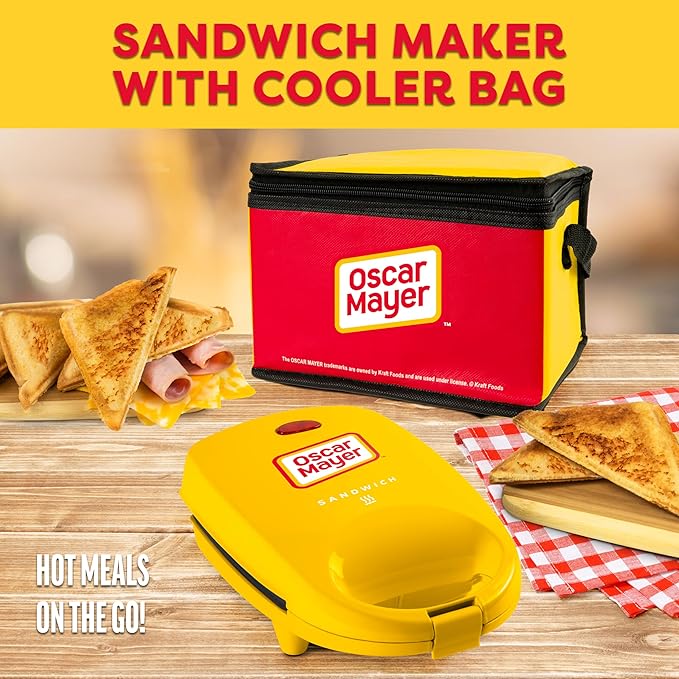 Nostalgia Oscar Mayer Sandwich Maker with Beverage Cooler Bag, 5-Inch Nonstick Cooking Surface with Indicator Lights and Lock Feature, Lunch and Beverage Tote Included, Yellow