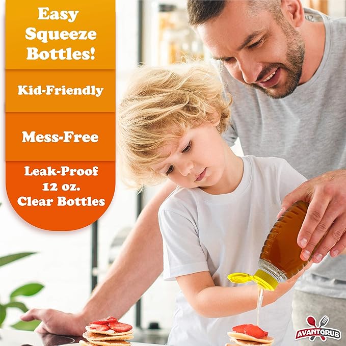 Easy Squeeze 12 Pk 12 Oz Empty Honey Bottles. BPA-Free Food-Safe PET Plastic Honey Dispenser. Flip-Top Refillable Syrup Container. Great for Storing and Serving BBQ Pasta Sauces or Salad Dressings.