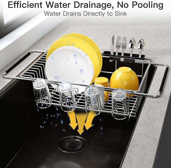 JASIWAY Dish Drying Rack in Sink, Expandable Stainless Steel Dish Drainers with Drainboard for Kitchen Counter, Space Saving Dish Dryer Rack, Over The Sink Dish Racks with Utensil Holder, Sliver