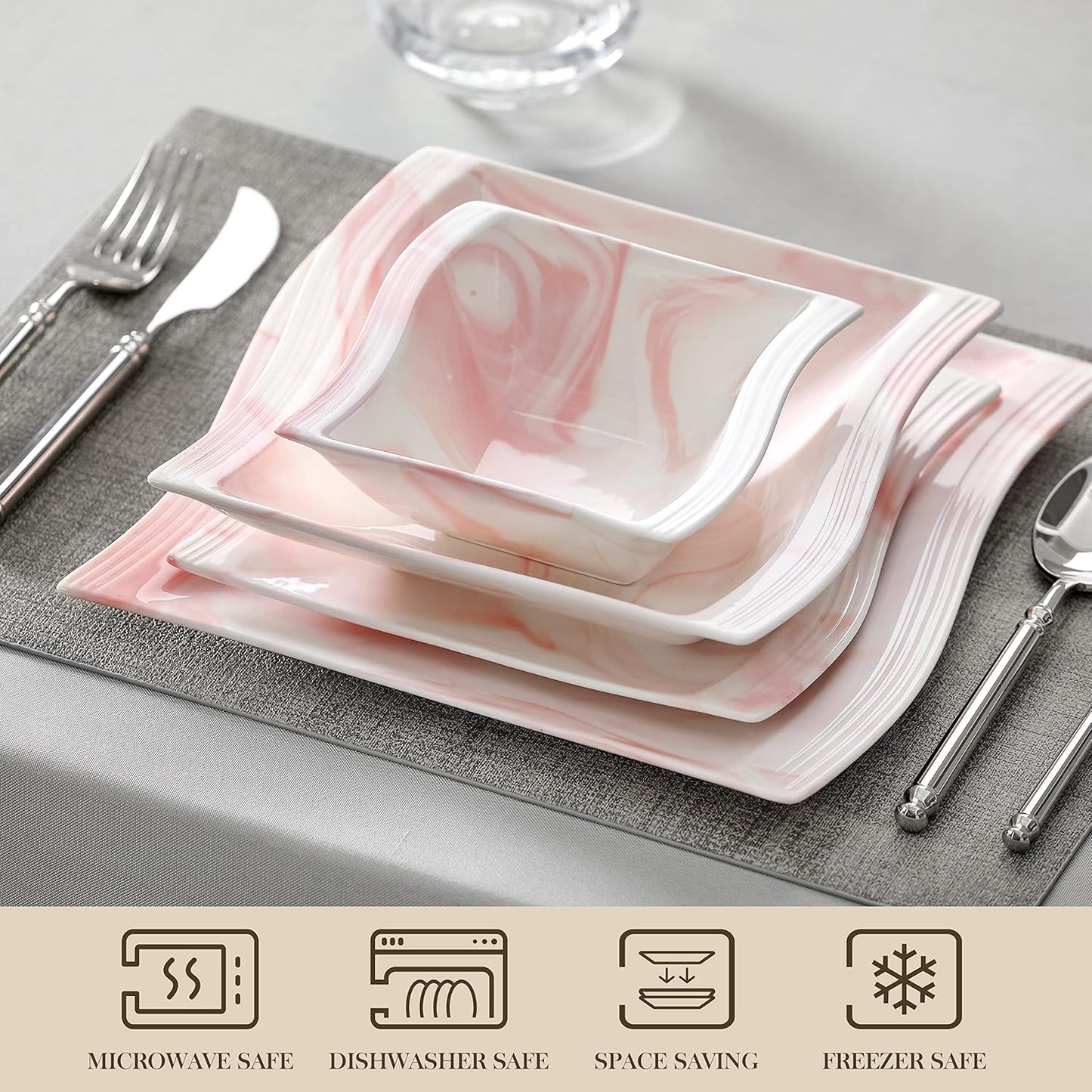 MALACASA Plates and Bowls Sets, 26 Pieces Pink Dinnerware Sets for 6, Porcelain Dinnerware Set with Dinner Plates and Bowls, Serving Platters, Square Dishware Sets, Modern Dish Set, Series Flora