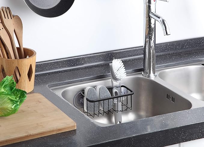 SunnyPoint NeverRust Deluxe Kitchen & Bathroom Sink Sponge Holder Organizer with Adhesive Mount - Additional Suction Cup Included – Sponge & Brush NOT Included – 7.4 x 3.3 x 2.75 Inch, BLK (Pack of 2)