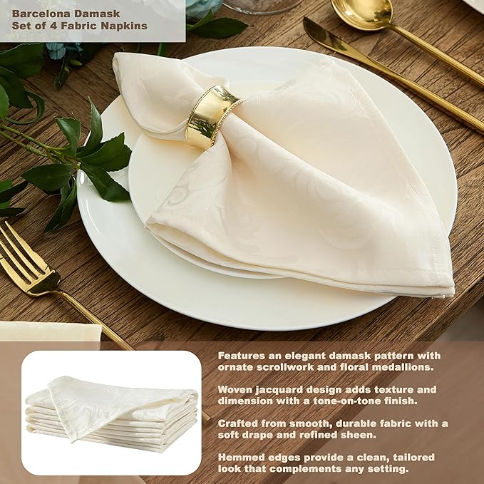 Newbridge Barcelona Luxury Damask Fabric Tablecloth, 108” Round, Antique White, 100% Polyester, No Iron, Soil Resistant Dining Room, Party and Banquet Table Cover