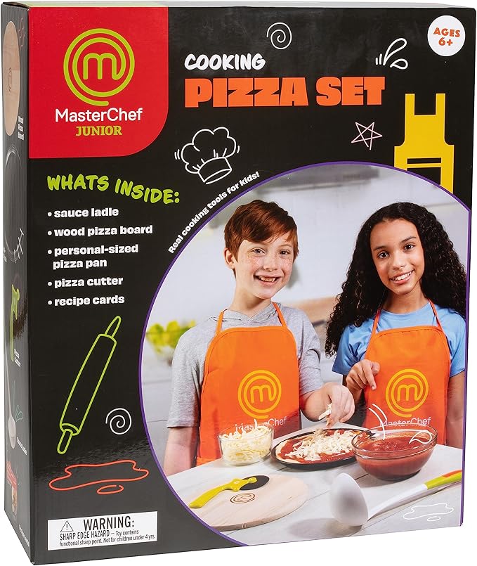 MasterChef Junior Pizza Cooking Set - 5 Pc Kit Includes Real Cookware for Kids w Recipes, Board, Roller - Make Homemade Pizza, Birthday