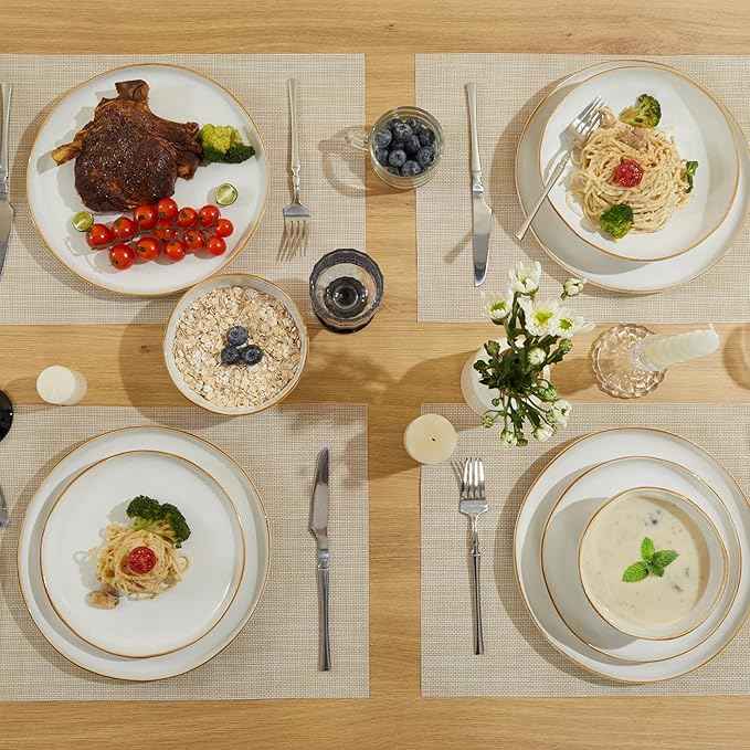 24 Piece White Ceramic Plates and Bowls Sets for 8, Reactive Glaze Stoneware with Coastal‑Line Look | Ideal for Holiday Entertaining, Thanksgiving, and Large Family Meals