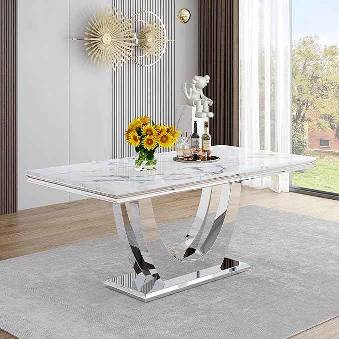 AF ARTISAN FURNITURE Marble Dining Table for 4-8,White Faux Marble Dining Tables with Silver U-Shaped Mirrored Finish Stainless Steel Base, Marble Kitchen Table for Living Room Home Office
