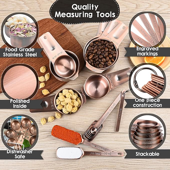 Measuring Cups and Spoons Set, Copper Plated Measuring Cups Spoons, Stainless Steel 7 Measuring cups and 9 Measuring Spoons 1 Leveler for Baking and Kitchen