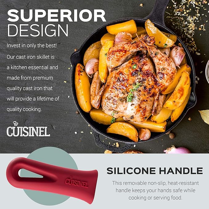 Cast Iron Skillet Set - 8" + 12"-Inch Frying Pan - Pre-Seasoned Oven Safe Cookware + 2 Heat-Resistant Handle Holder Grips - Indoor/Outdoor Use - Grill, Stovetop, Induction Safe. PFAS and PFOA-free