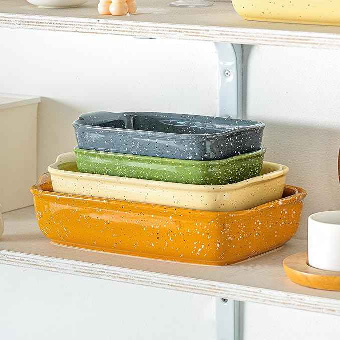 Ceramic Baking Dish Set of 3, Casserole for Oven,Rectangular Bakeware Dishes with Handles,Lasagna Pan Deep,Handcraft Speckle Stoneware Series (13.8''/12''/9.6''Orange)