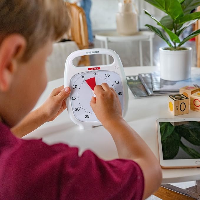 Time Timer Plus 60 Minute Desk Visual Timer — Countdown Timer with Portable Handle for Classroom, Office, Homeschooling, Study Tool with Silent Operation (White)