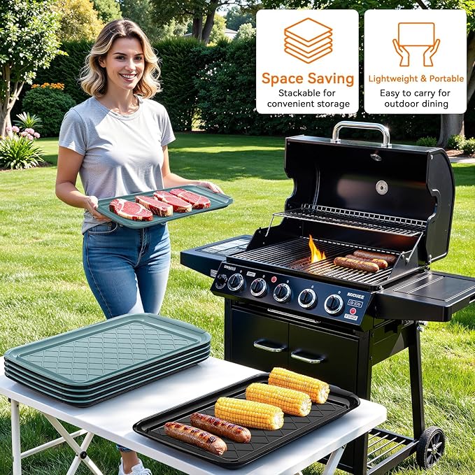 Serving Trays for Party - Set of 6, Large Serving Platters for Raw and Cooked Food, Dishwasher Safe, 17×10.5-inch Stackable Plastic Party Supplies for Grilling, BBQ, Meal Prep (Green, Black)