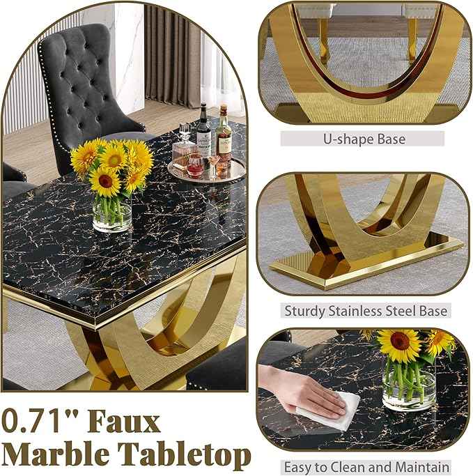 Marble Dining Table Set for 6,70" Black Faux Marble Kitchen Tables and Velvet Chairs for 6,7 Piece Luxury Dining Room Table Set and 6 Upholstered Chairs with Gold Stainless Steel Bases