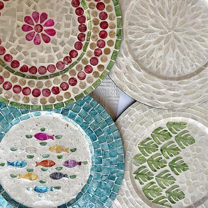 13 Inch Mother of Pearl Shell Placemat Plate – Large Round Decorative Heat for Table or Kitchen, Cabinet, Tabletop (Blue Leaf, 13 Inch)