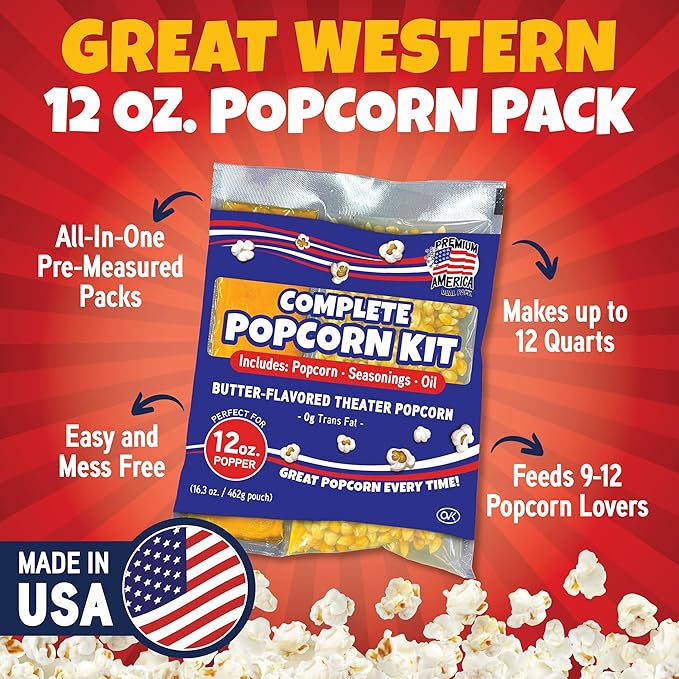 Premium America Popcorn Kit, 18 Packs for a 12oz Popper, Movie Theater & Popcorn Machine Kernels, Oil & Seasoning Packet, Bulk All in One