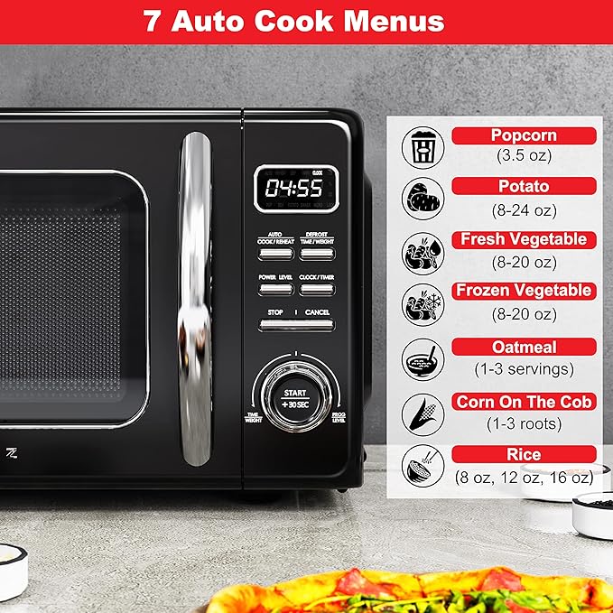 Galanz GLCMKZ07BKR07 Retro Countertop Microwave Oven with Auto Cook & Reheat, Defrost, Quick Start Functions, Easy Clean with Glass Turntable, Pull Handle.7 cu ft, Black