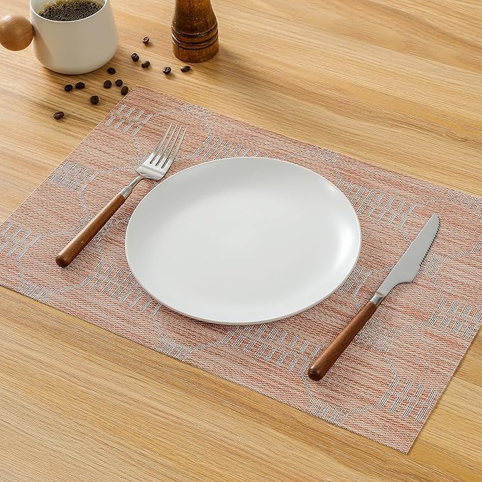 Leetaltree Coral Placemats Set of 4 - Heat Resistant Non-Slip Place mats for Dining Table, Washable Durable PVC Vinyl Woven Table Mats（Coral, 4）