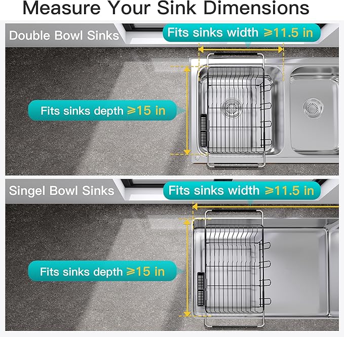 JASIWAY Dish Drying Rack in Sink, Expandable Stainless Steel Dish Drainers for Kitchen Counter, Space Saving Dish Dryer Rack with Drainboard, Over The Sink Dish Racks with Utensil Holder, Black